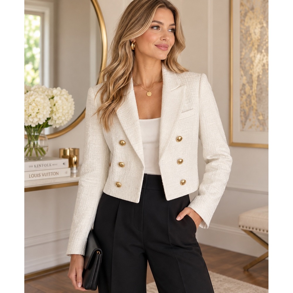 House of Harlow 1960 Ivory Tweed Cropped Double Breasted Blazer Gold Buttons M